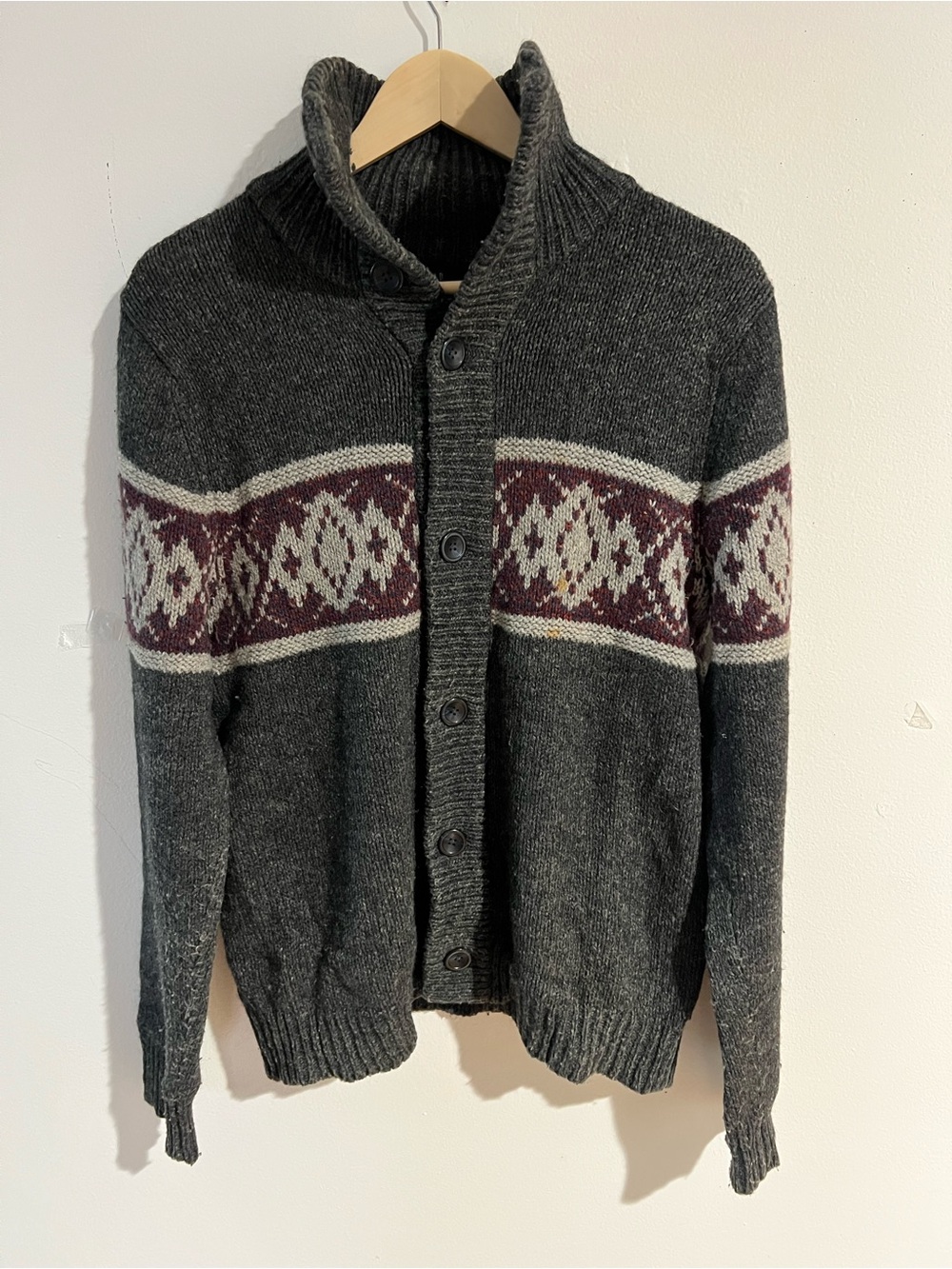 GAP Dark Gray Shawl Collar Cardigan with Maroon Fair Isle Band